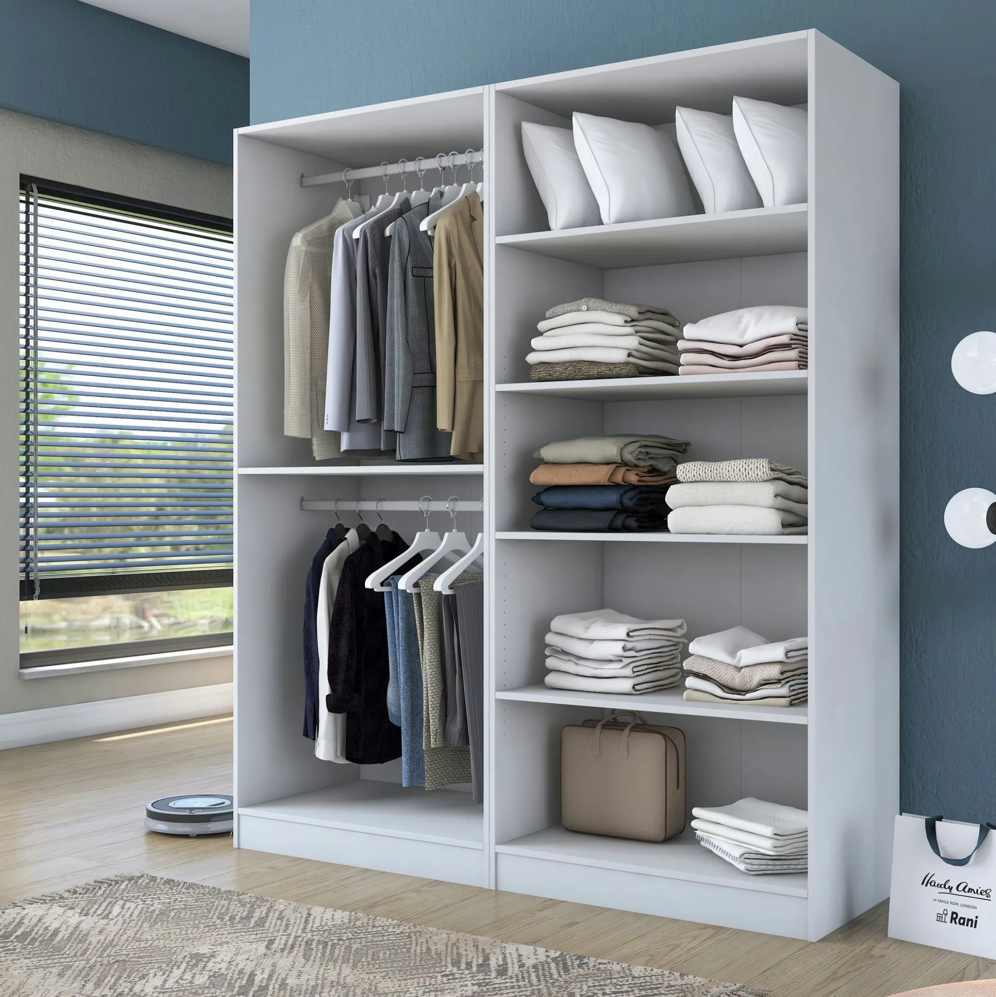 Armoire penderie blanche 4 portes 2 tringles BYRON