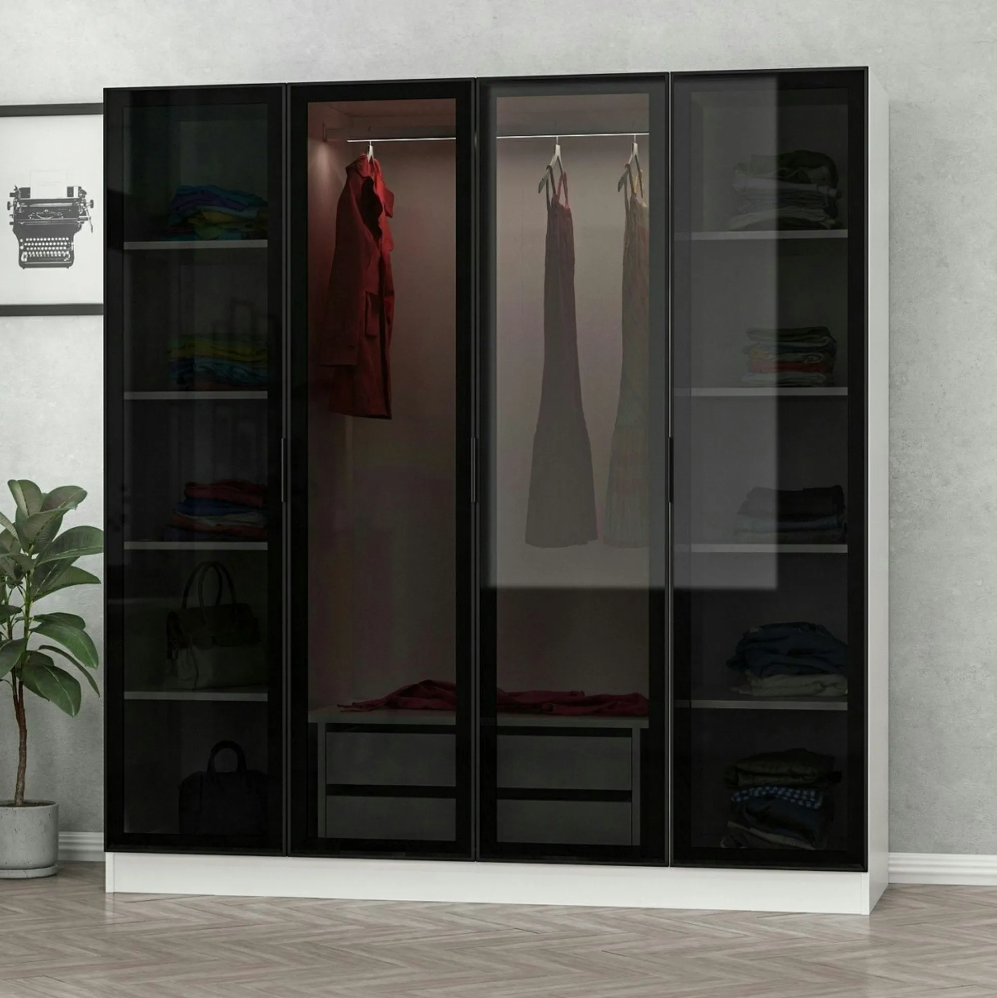 Armoire penderie blanche 4 portes verre H 210 cm BYRON