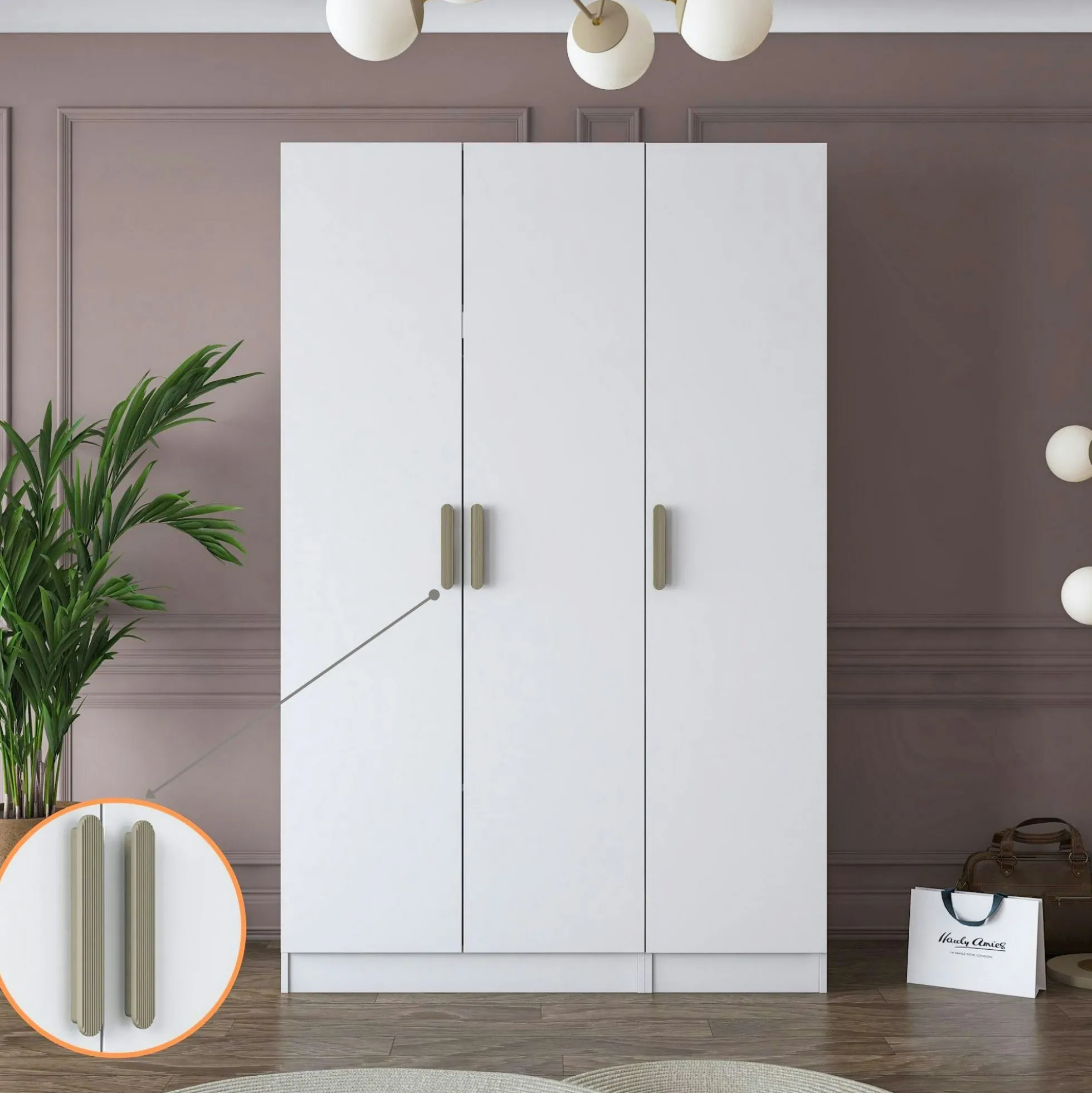 Armoire penderie blanche 3 portes à poignées verticales BYRON