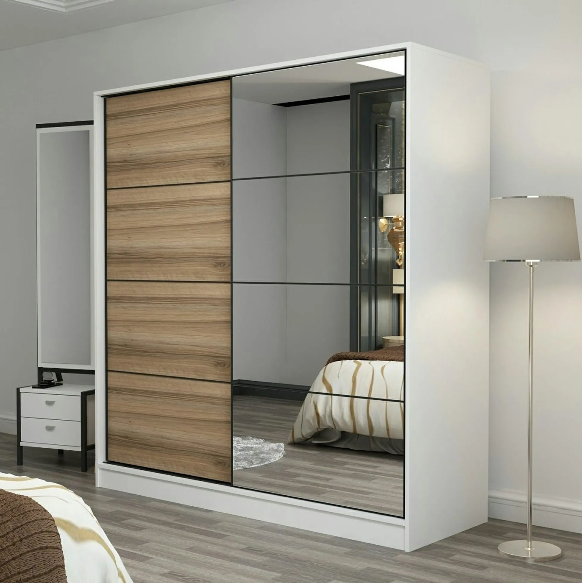 Armoire penderie blanche, porte effet bois et miroir BYRON