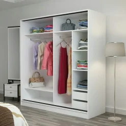 Armoire penderie blanche, porte effet bois et miroir BYRON