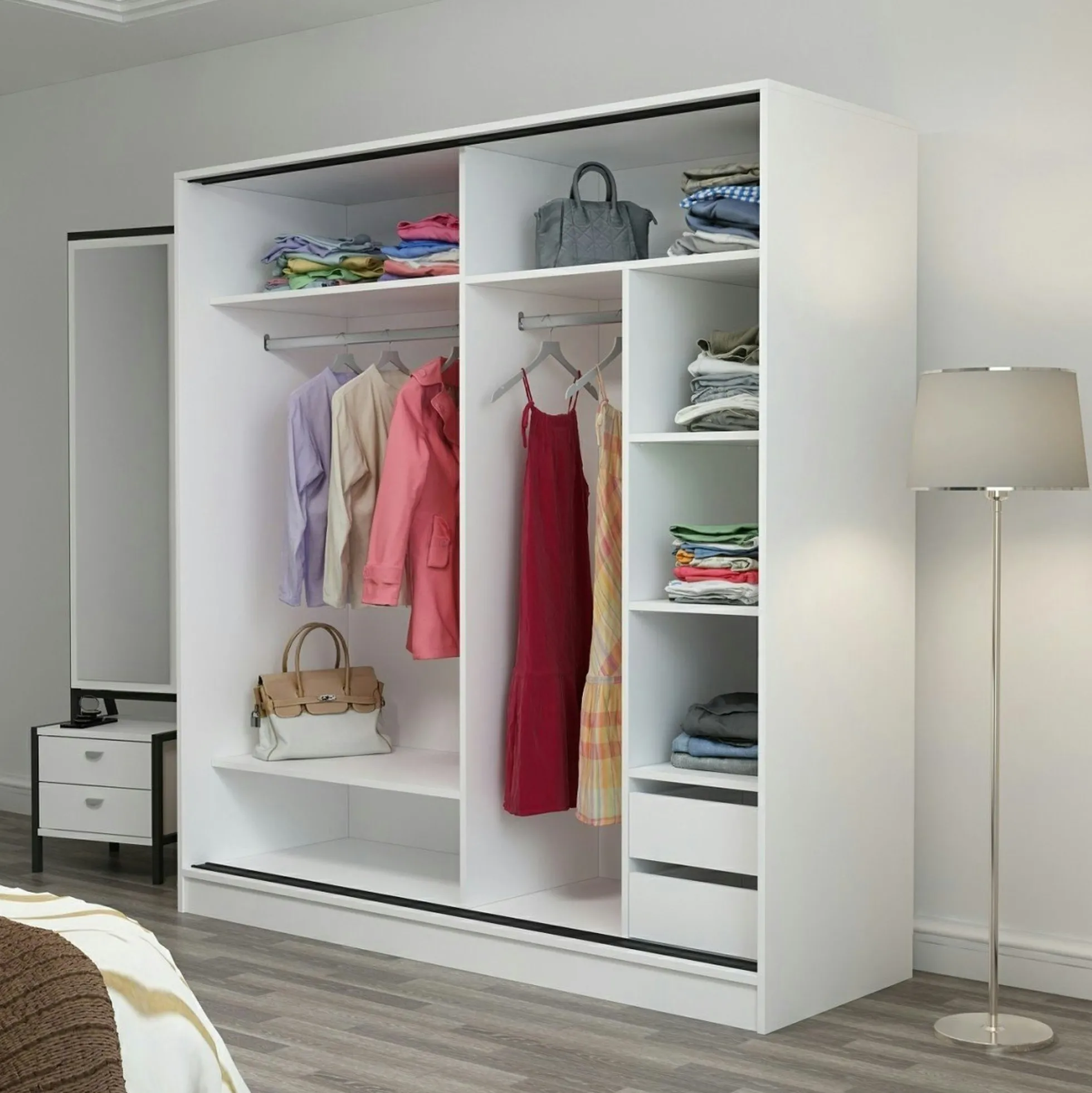 Armoire penderie blanche, porte effet bois et miroir BYRON