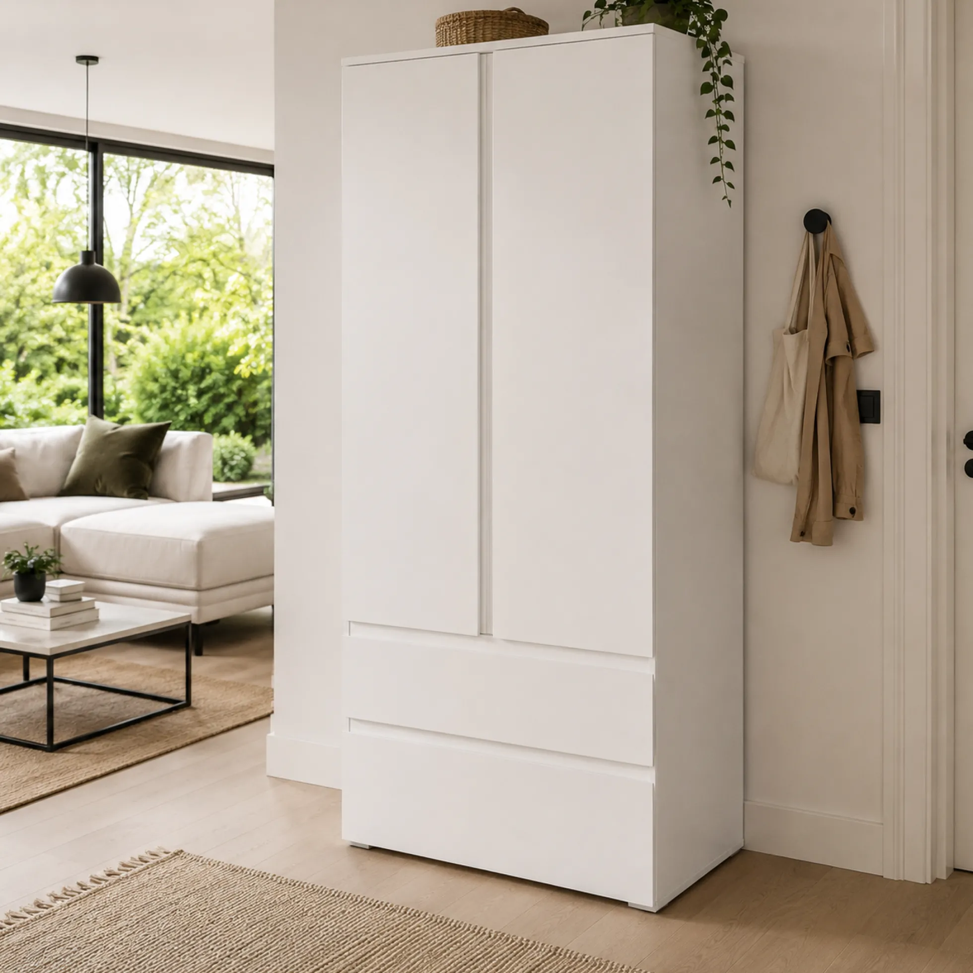 Armoire penderie blanche 2 portes 2 tiroirs ALVA