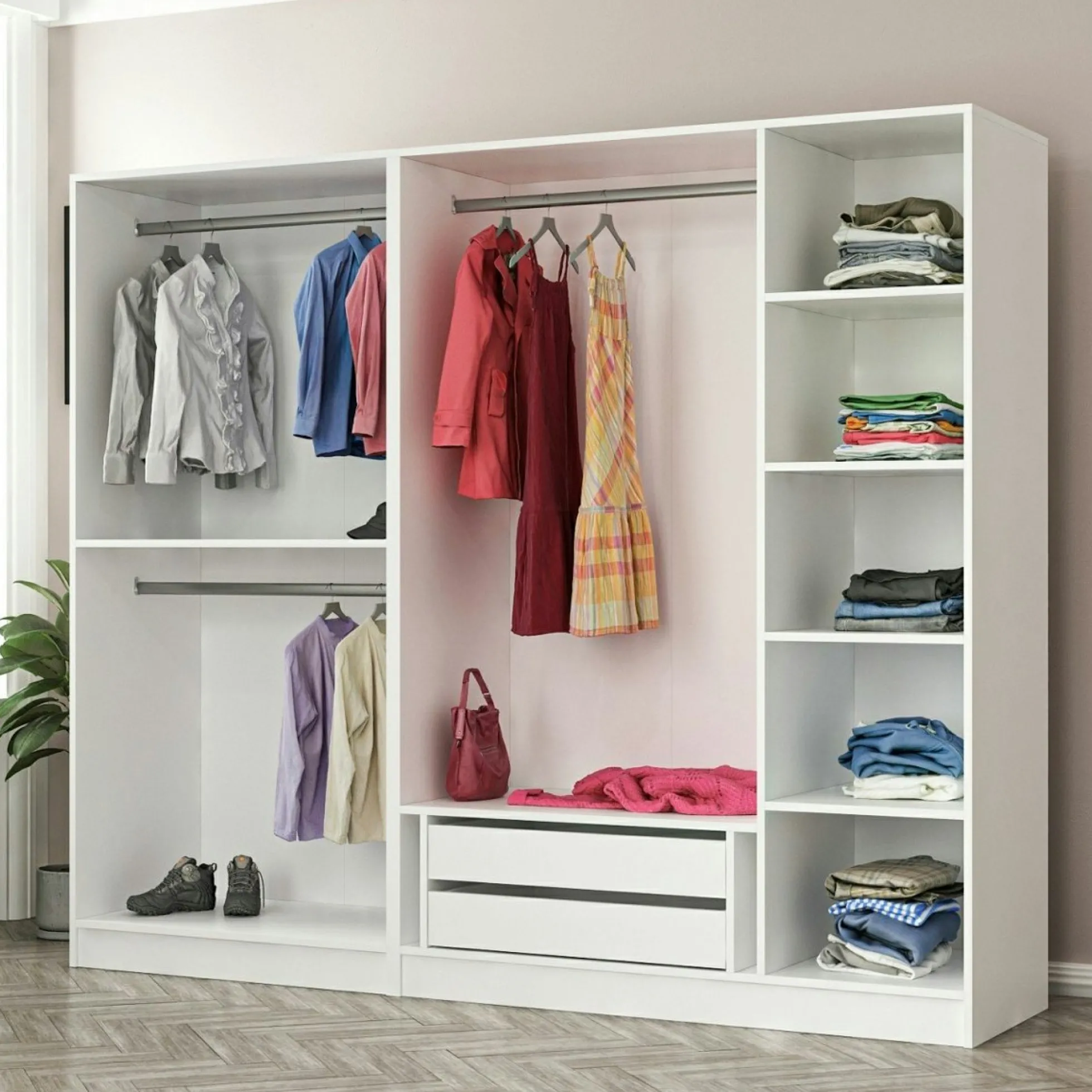 Armoire penderie blanche 5 portes verre 2 tiroirs BYRON