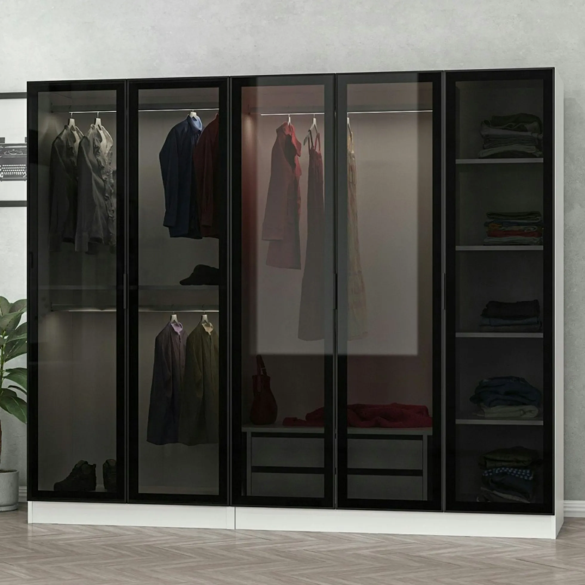 Armoire penderie blanche 5 portes verre 2 tiroirs BYRON