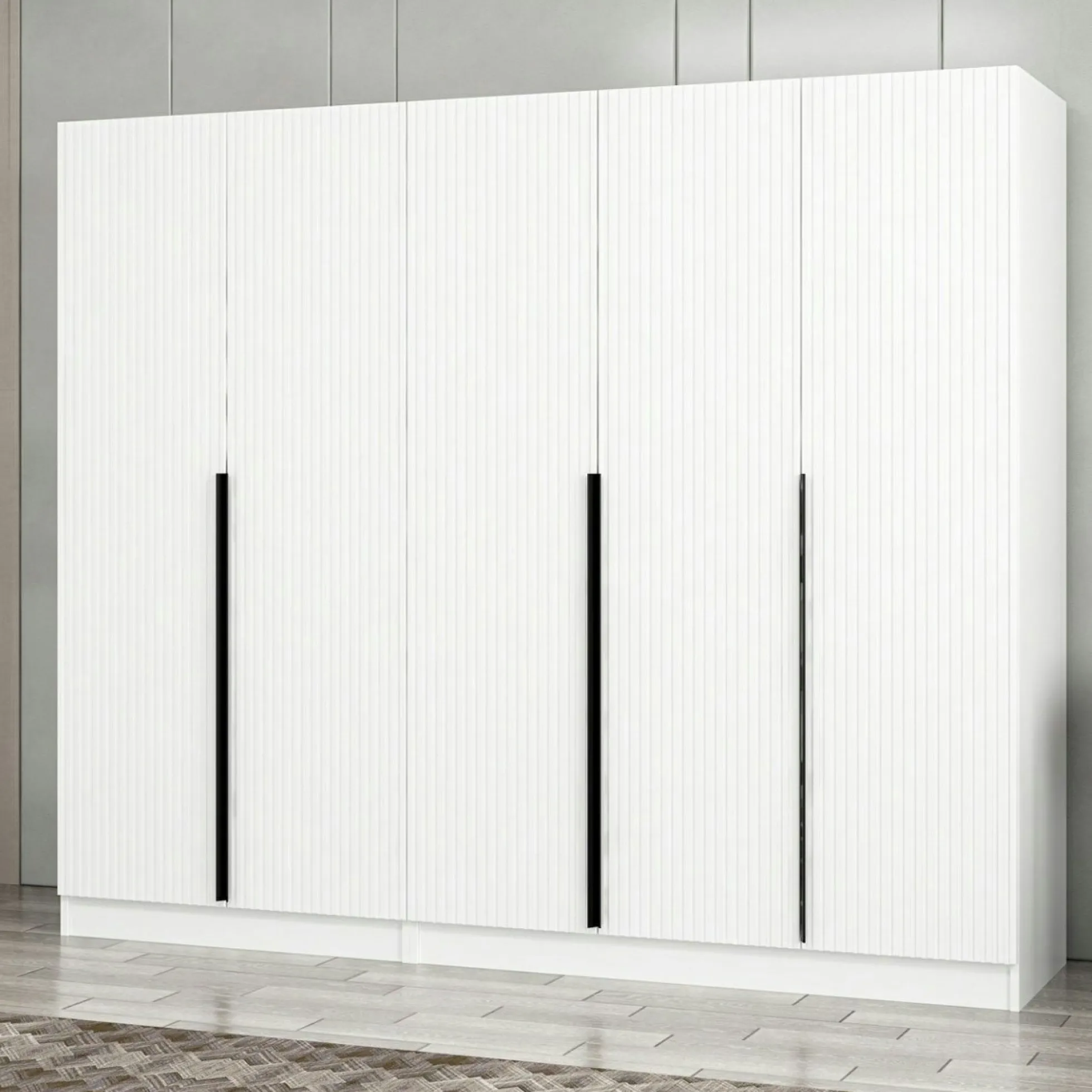 Armoire penderie blanche, 5 portes rainurées 3 portants BYRON