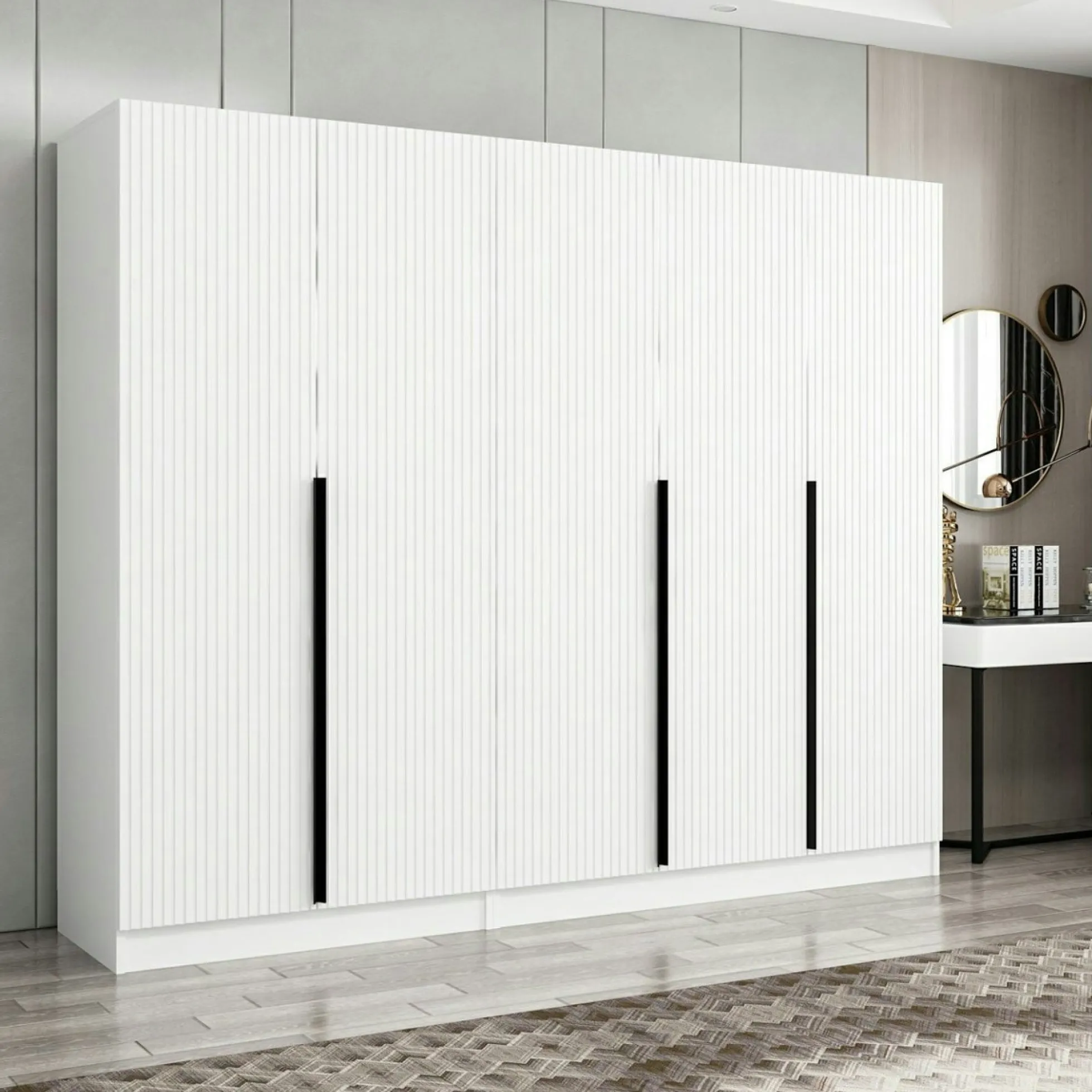 Armoire penderie blanche, 5 portes rainurées 3 portants BYRON
