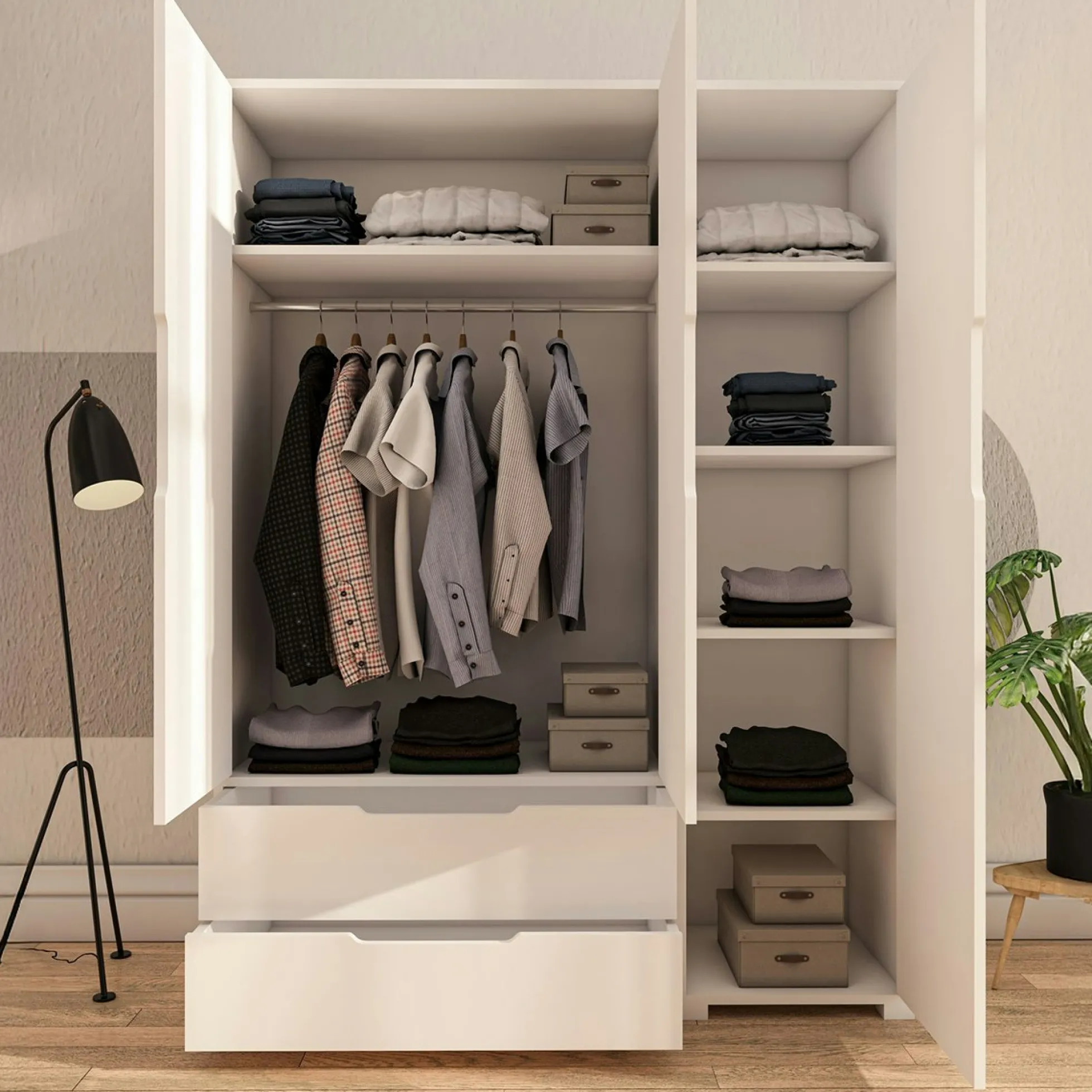 Armoire penderie blanche 3 portes 2 tiroirs BYRON