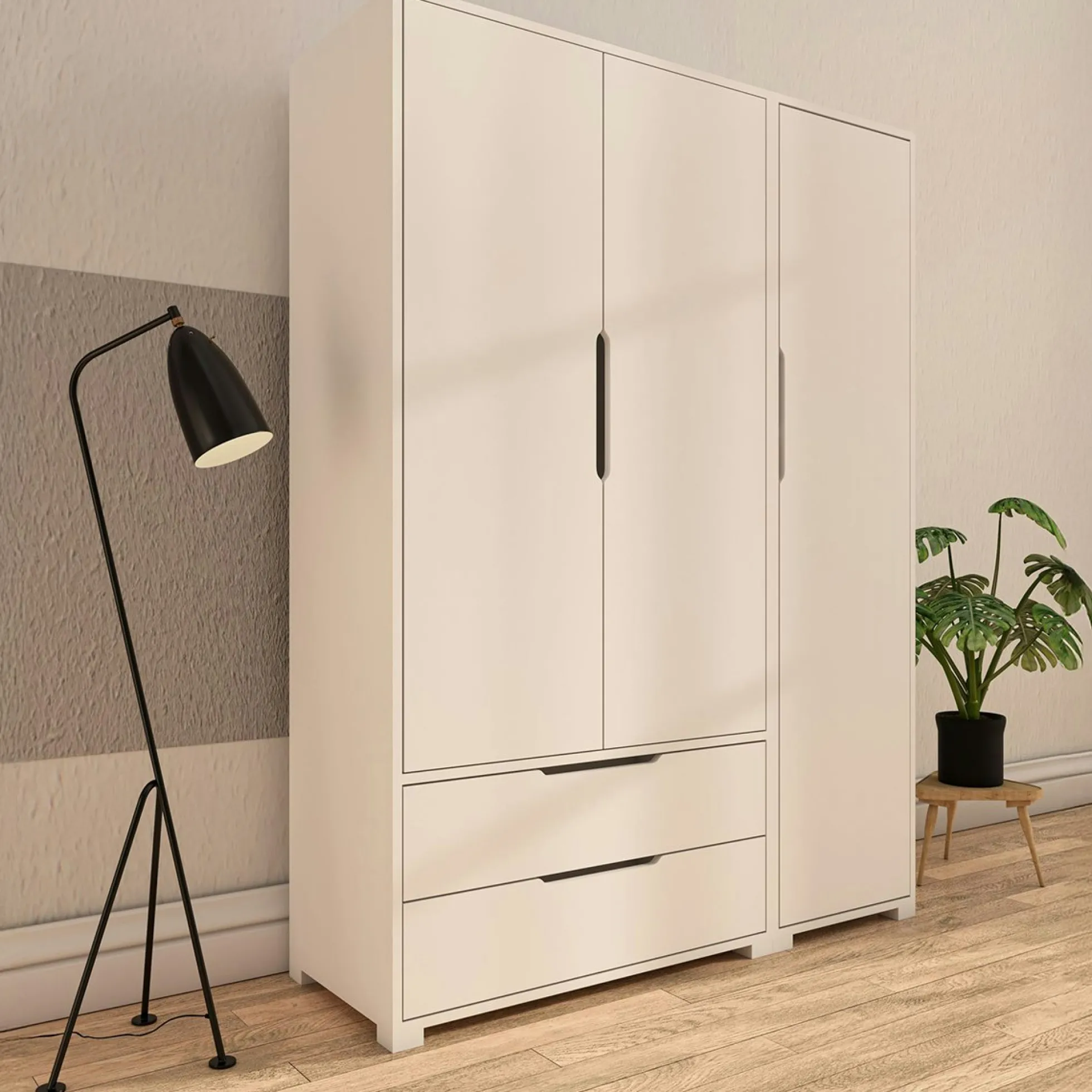 Armoire penderie blanche 3 portes 2 tiroirs BYRON
