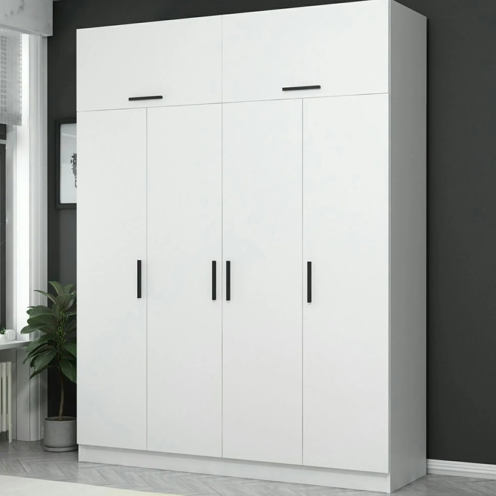 Armoire penderie blanche 6 portes, 1 portant 2 tiroirs BYRON