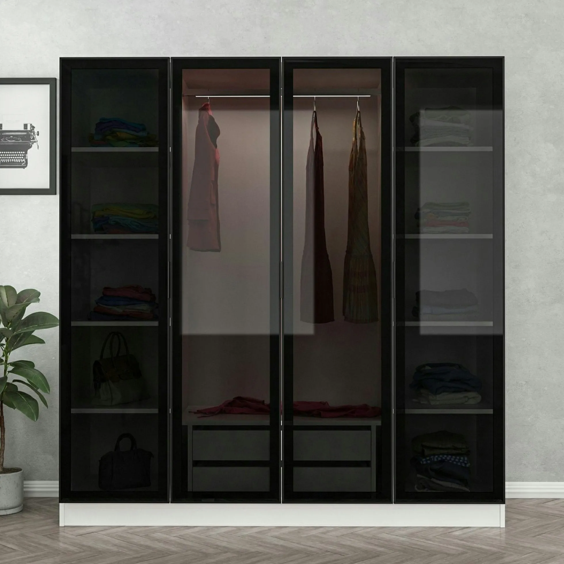 Armoire penderie blanche 4 portes vitrées H 190 cm BYRON
