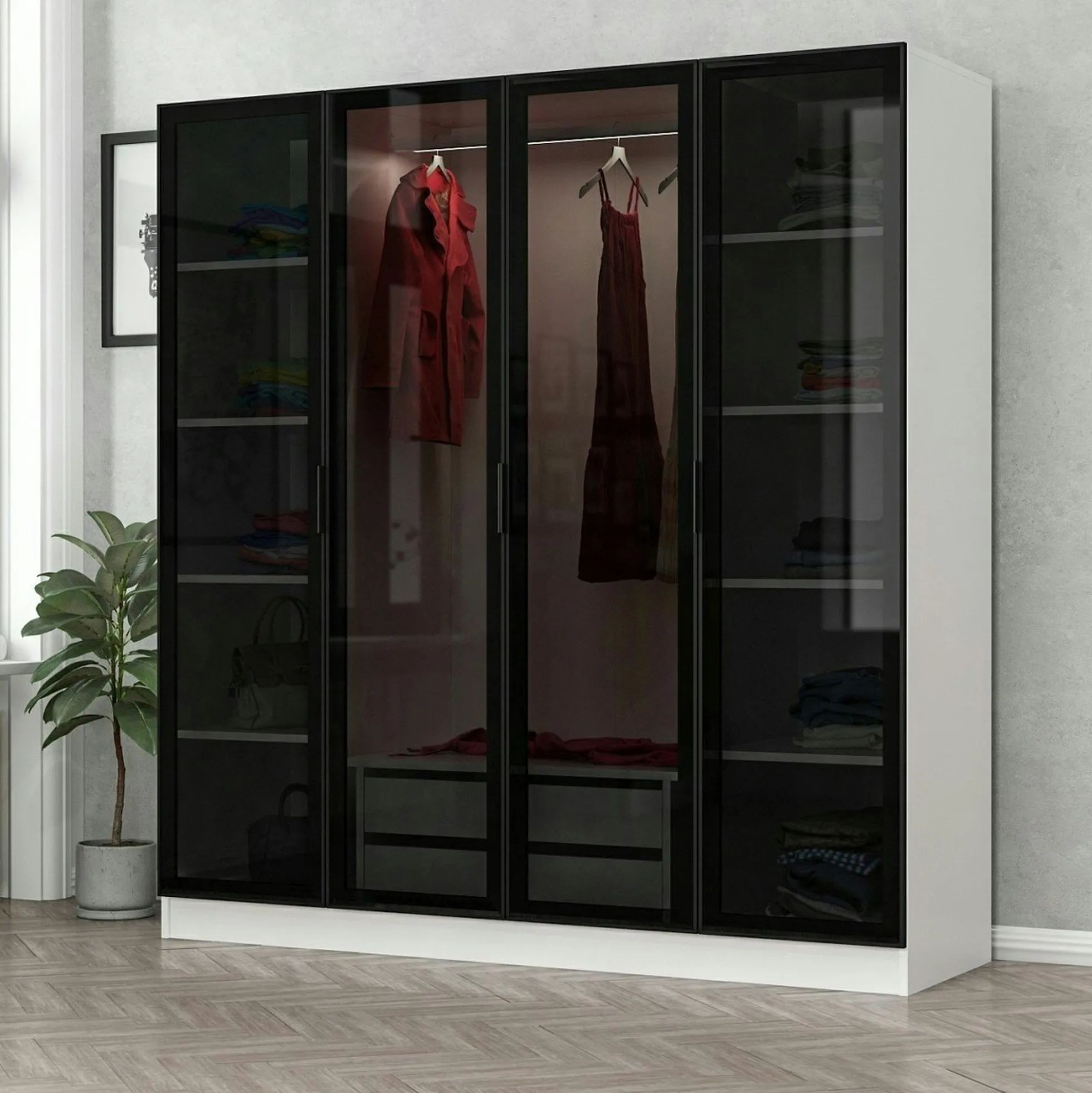 Armoire penderie blanche 4 portes vitrées H 190 cm BYRON
