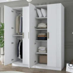 Armoire penderie blanche rainurée 4 portes 2 tringles BYRON