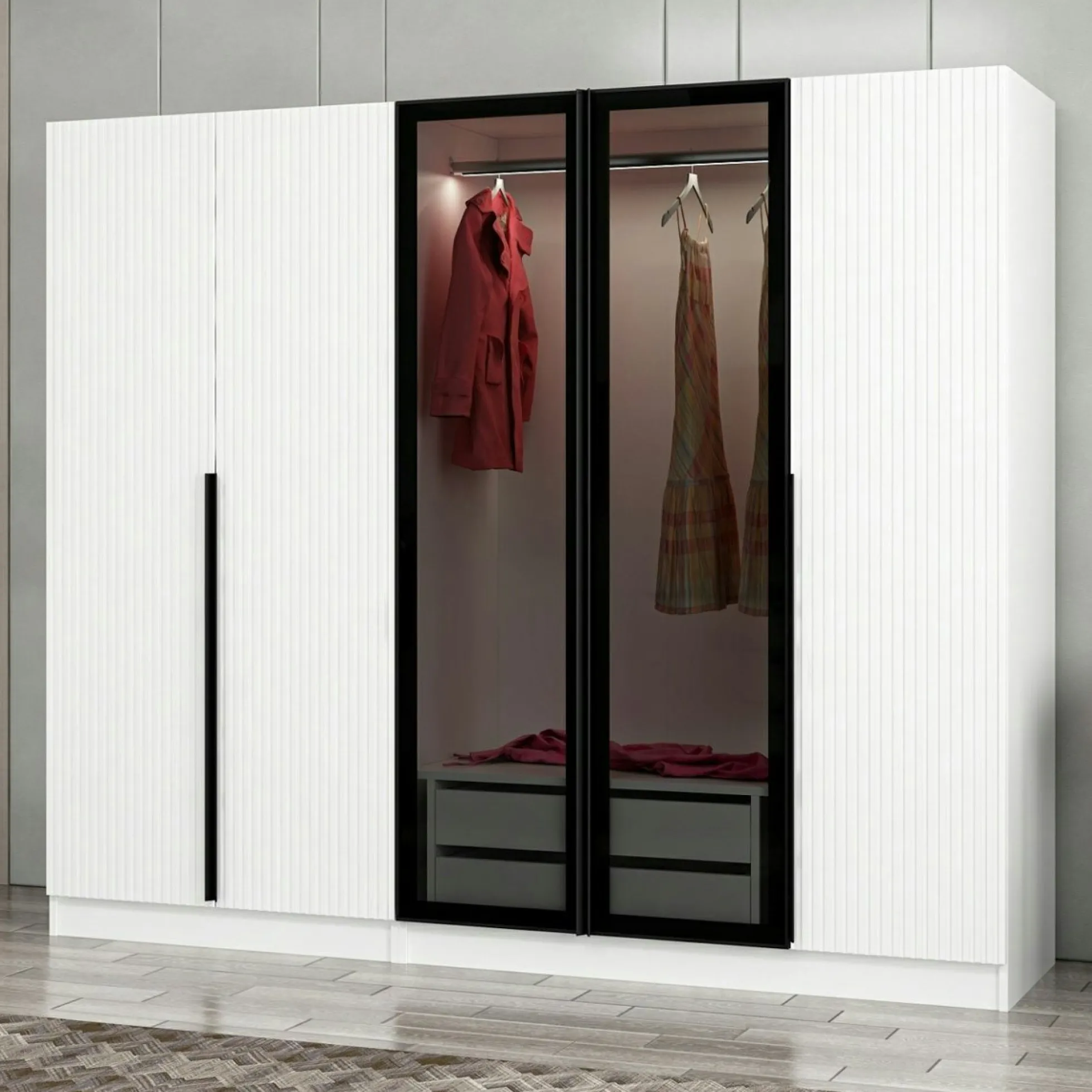 Armoire penderie blanche rainurée, 2 portes verre 225 cm BYRON