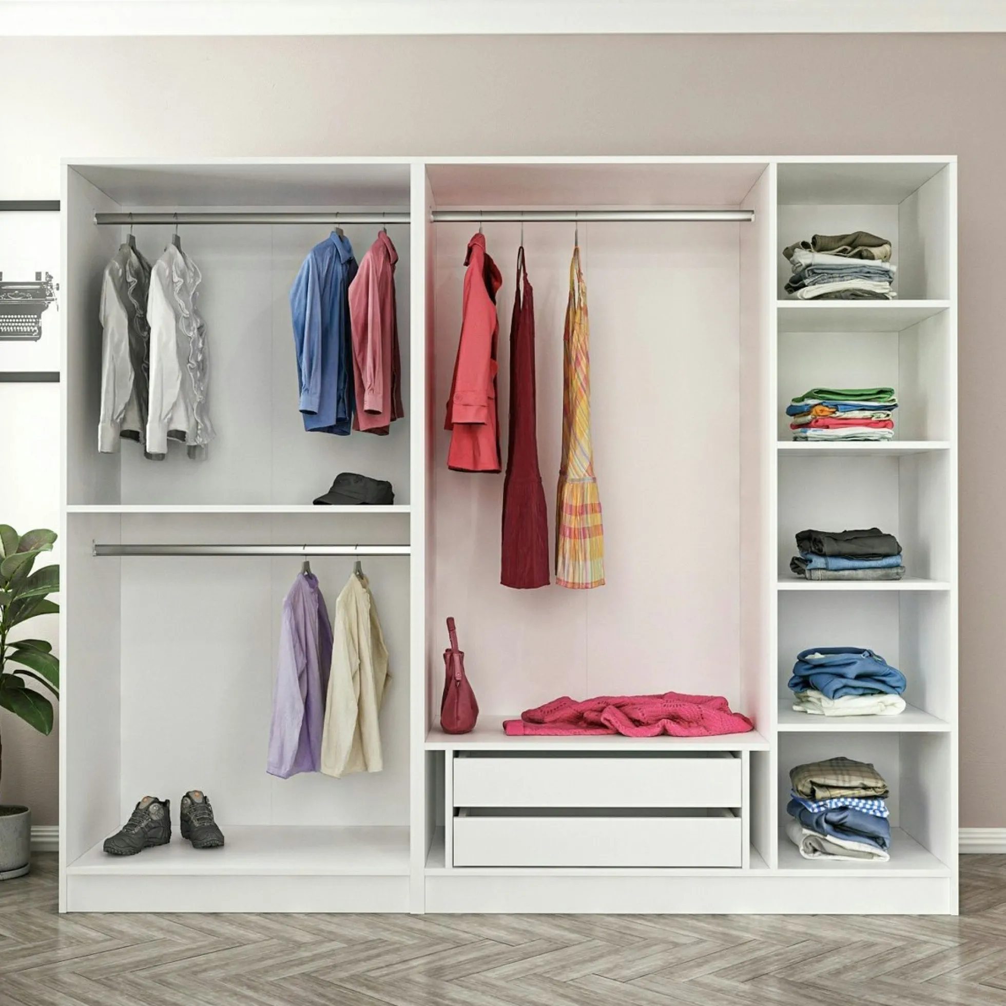 Armoire penderie blanche rainurée, 2 portes verre 225 cm BYRON
