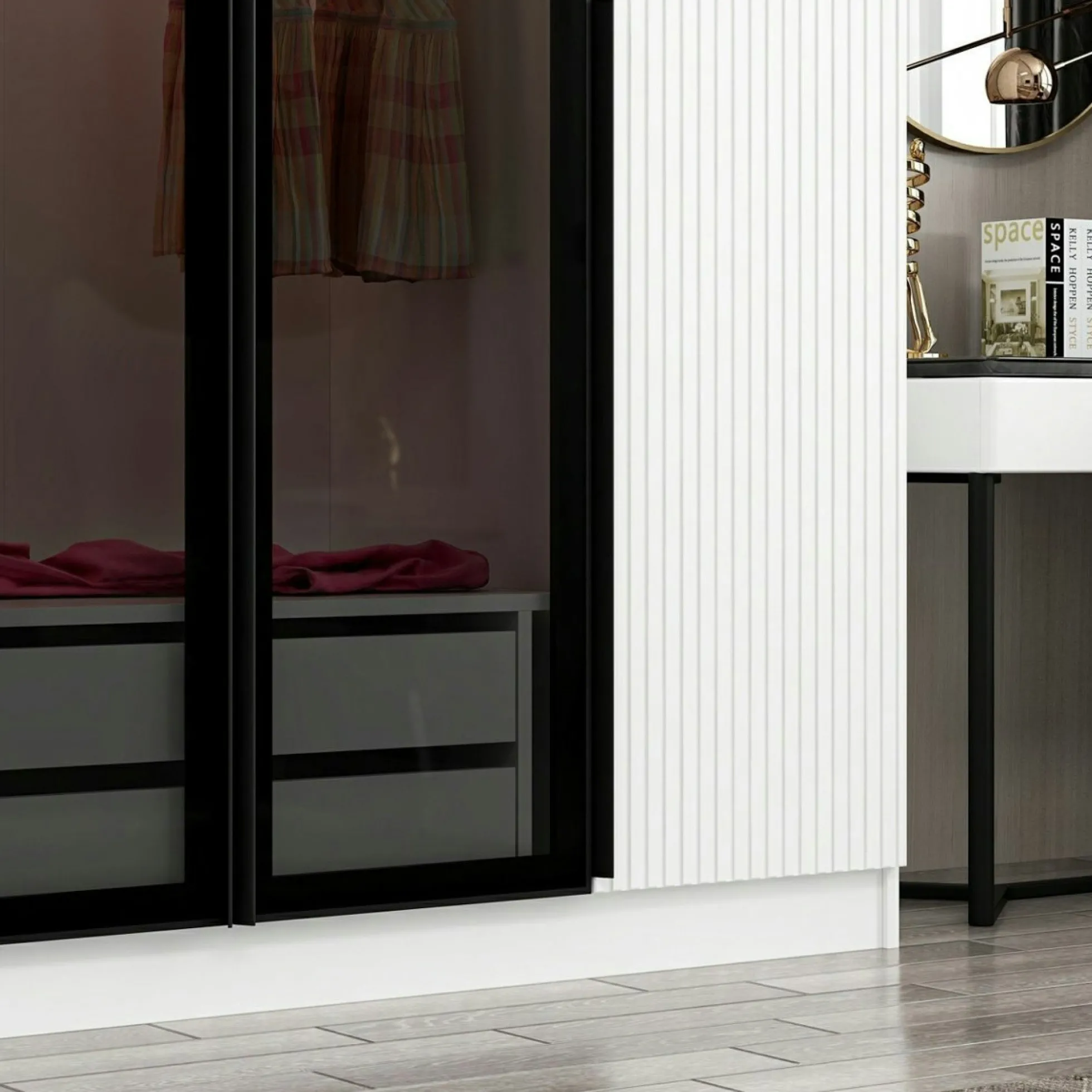 Armoire penderie blanche rainurée, 2 portes verre 225 cm BYRON