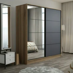 Armoire penderie chambre, 1 porte grise & miroir H 210 cm BYRON