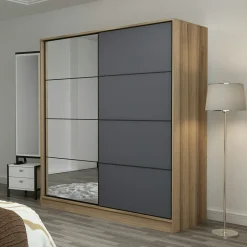 Armoire penderie chambre, 1 porte grise & miroir H 210 cm BYRON