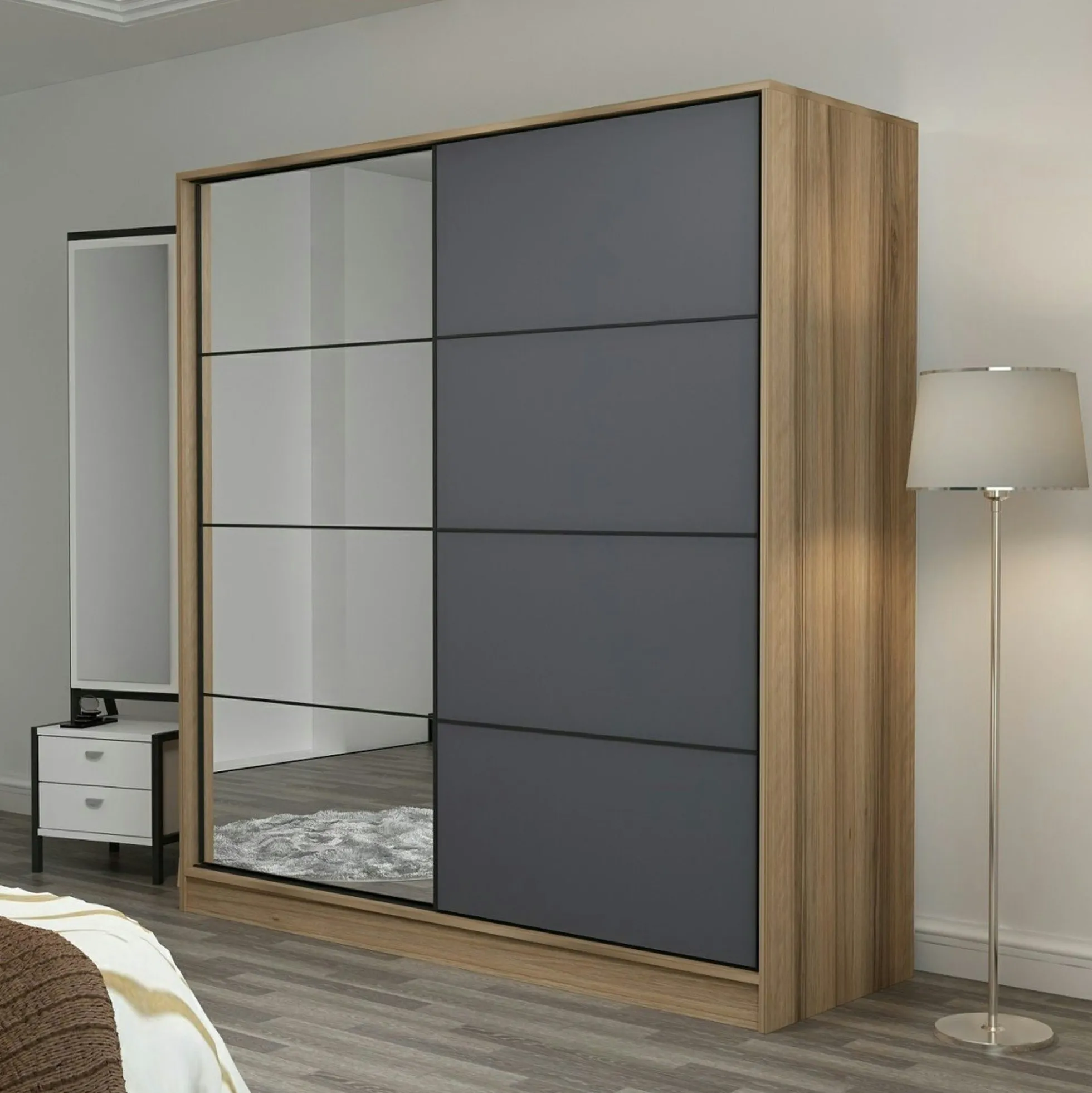 Armoire penderie chambre, 1 porte grise & miroir H 210 cm BYRON