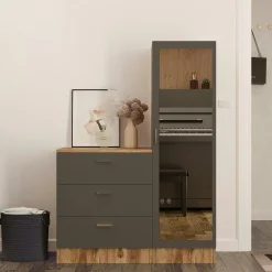 Armoire penderie compacte décor bois et gris 1 miroir MARFA