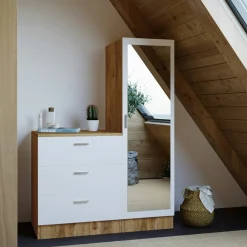 Armoire penderie compacte décor bois et blanc 1 miroir MARFA