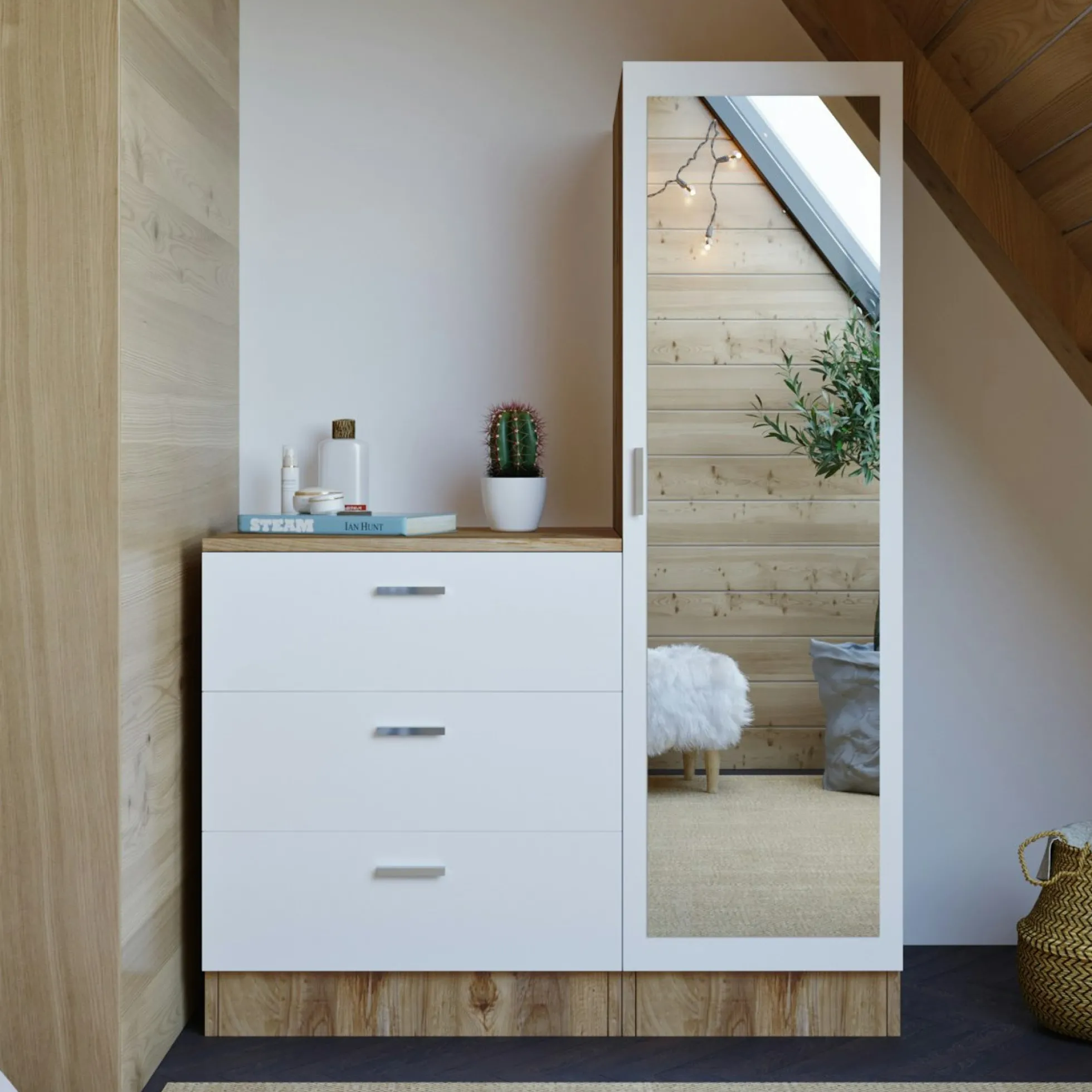 Armoire penderie compacte décor bois et blanc 1 miroir MARFA