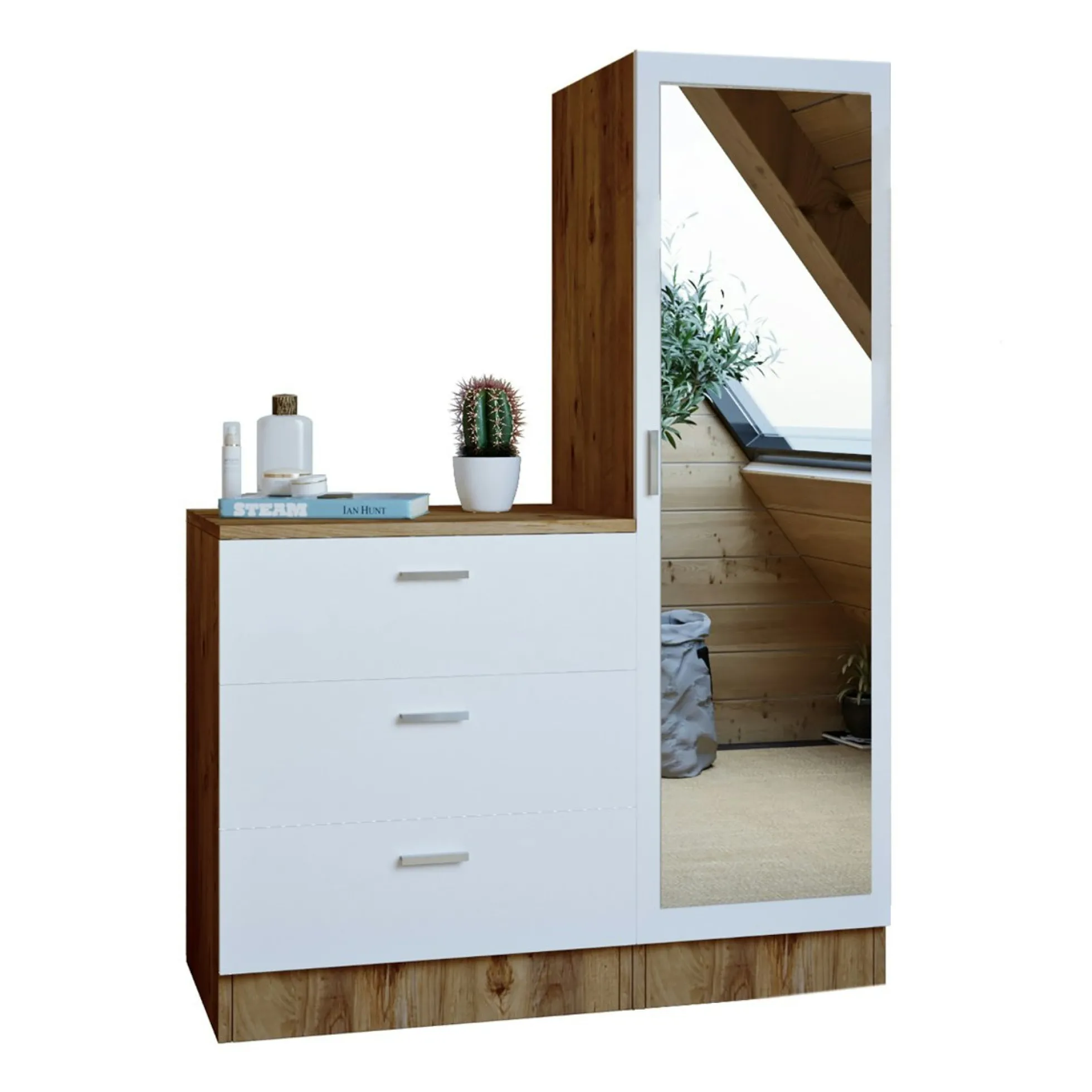 Armoire penderie compacte décor bois et blanc 1 miroir MARFA