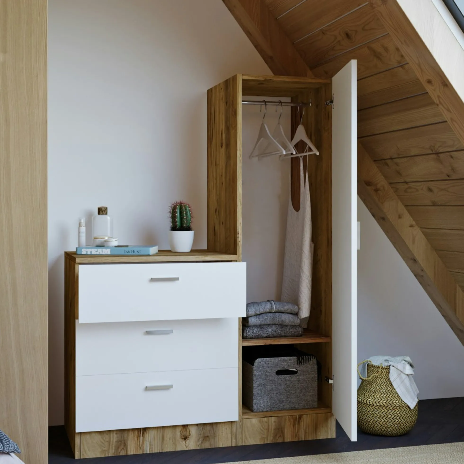 Armoire penderie compacte décor bois et blanc 1 miroir MARFA