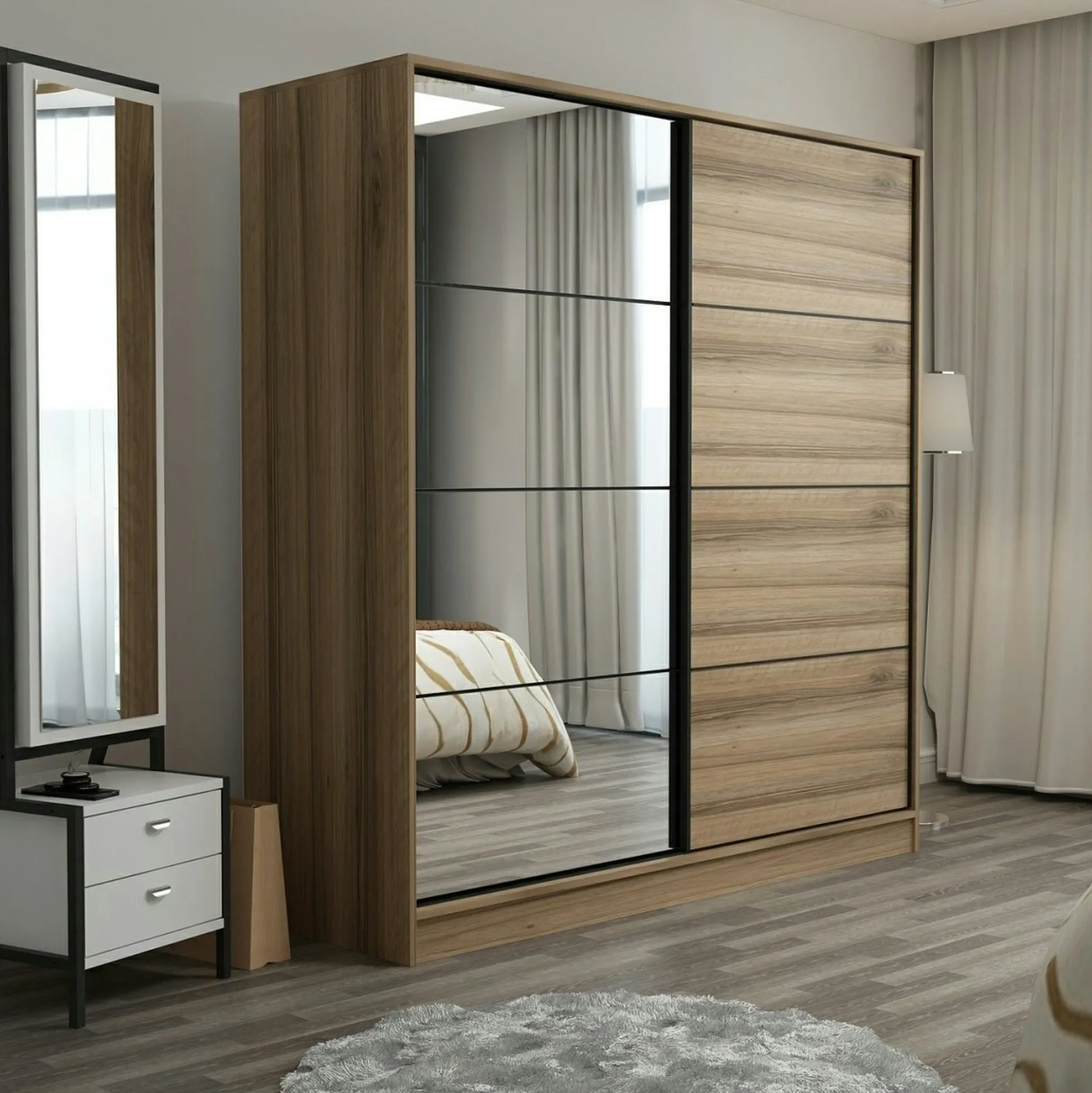 Armoire penderie coulissante effet bois et miroir BYRON