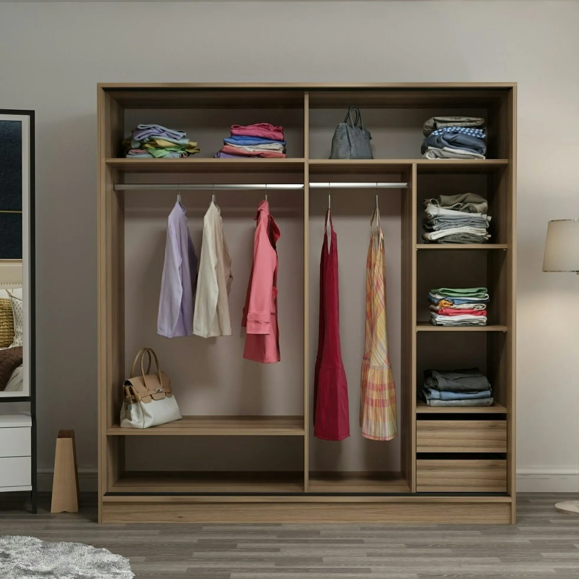 Armoire penderie coulissante effet bois et miroir BYRON