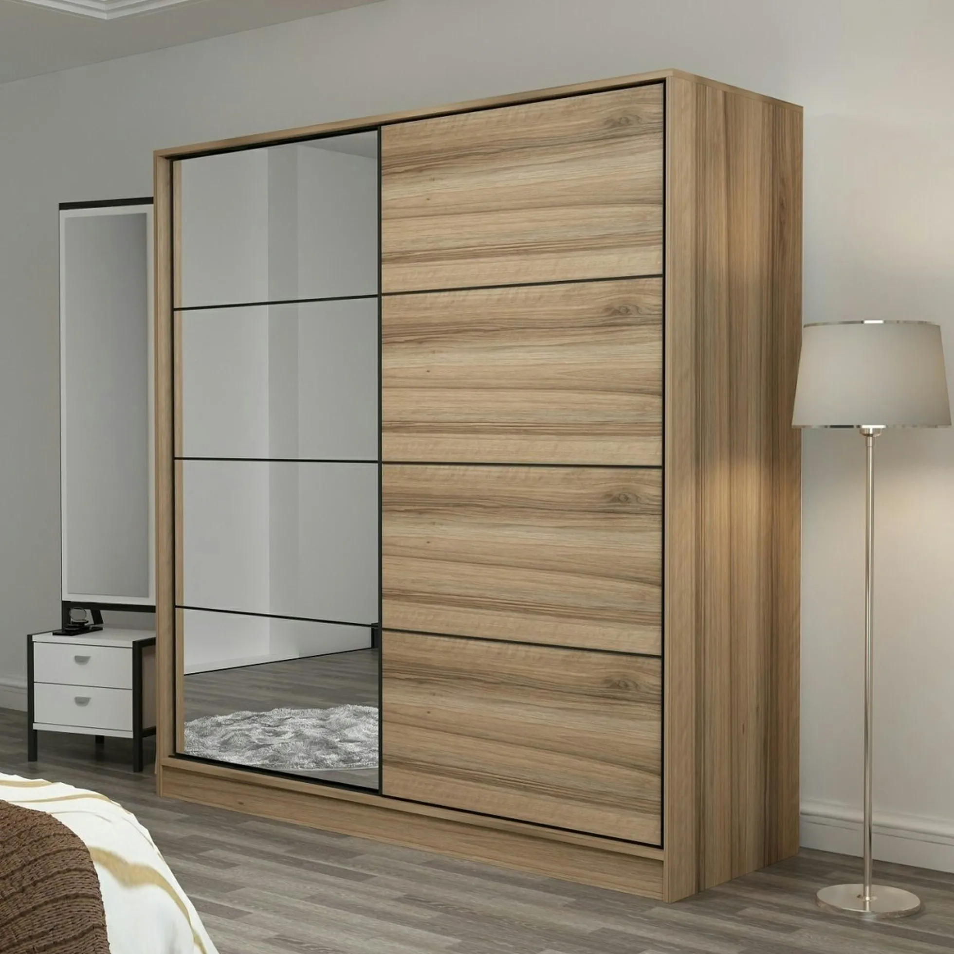 Armoire penderie coulissante effet bois et miroir BYRON