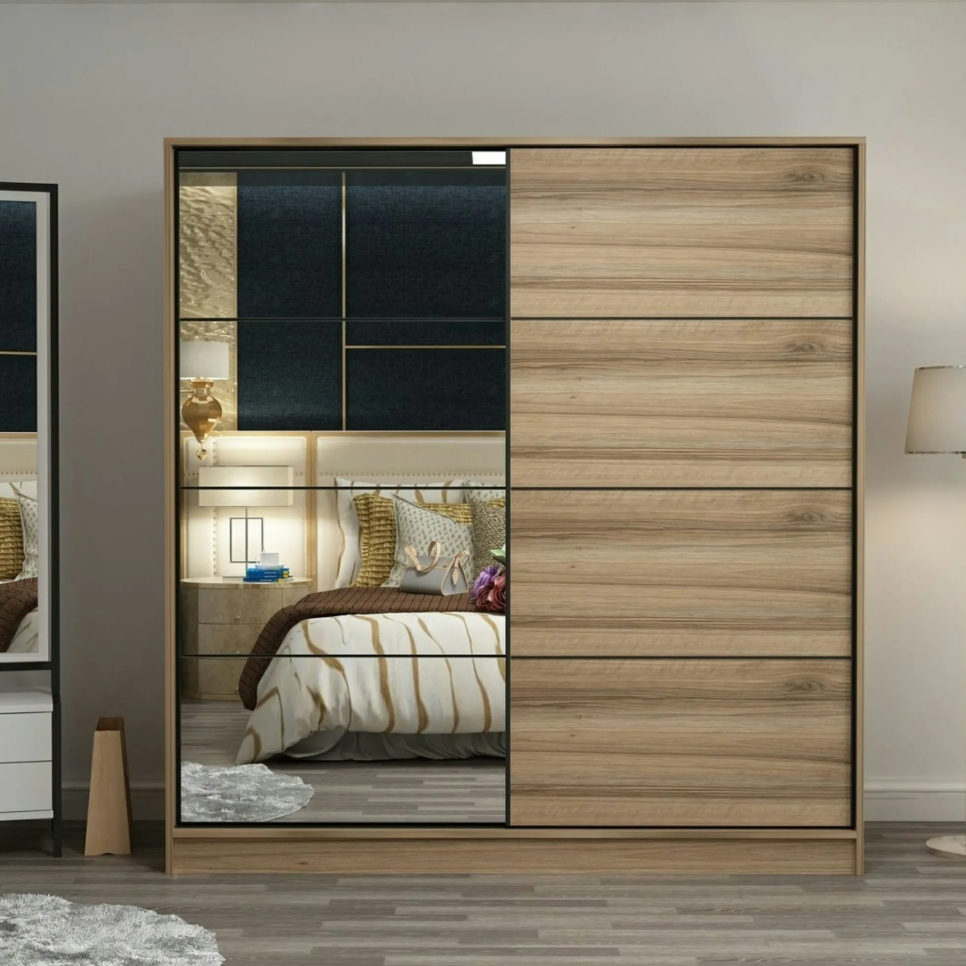 Armoire penderie coulissante effet bois et miroir BYRON