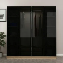 Armoire penderie design effet bois 4 portes verre H 210 cm BYRON