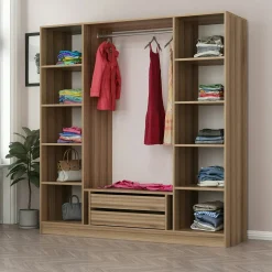 Armoire penderie design effet bois 4 portes verre H 210 cm BYRON