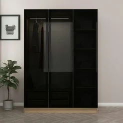 Armoire penderie design effet bois, 3 portes vitrées BYRON