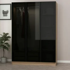 Armoire penderie design effet bois, 3 portes vitrées BYRON