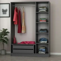 Armoire penderie design gris foncé, 3 portes vitrées BYRON