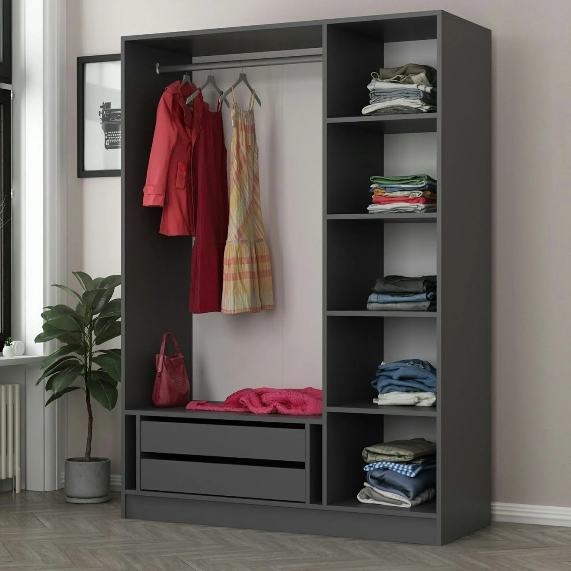 Armoire penderie design gris foncé, 3 portes vitrées BYRON