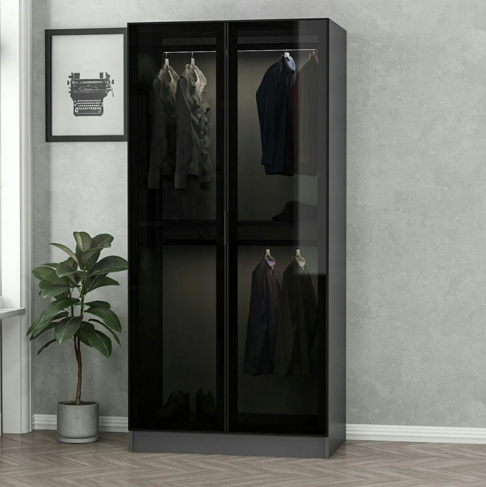 Armoire penderie design grise - 2 portes vitrées BYRON