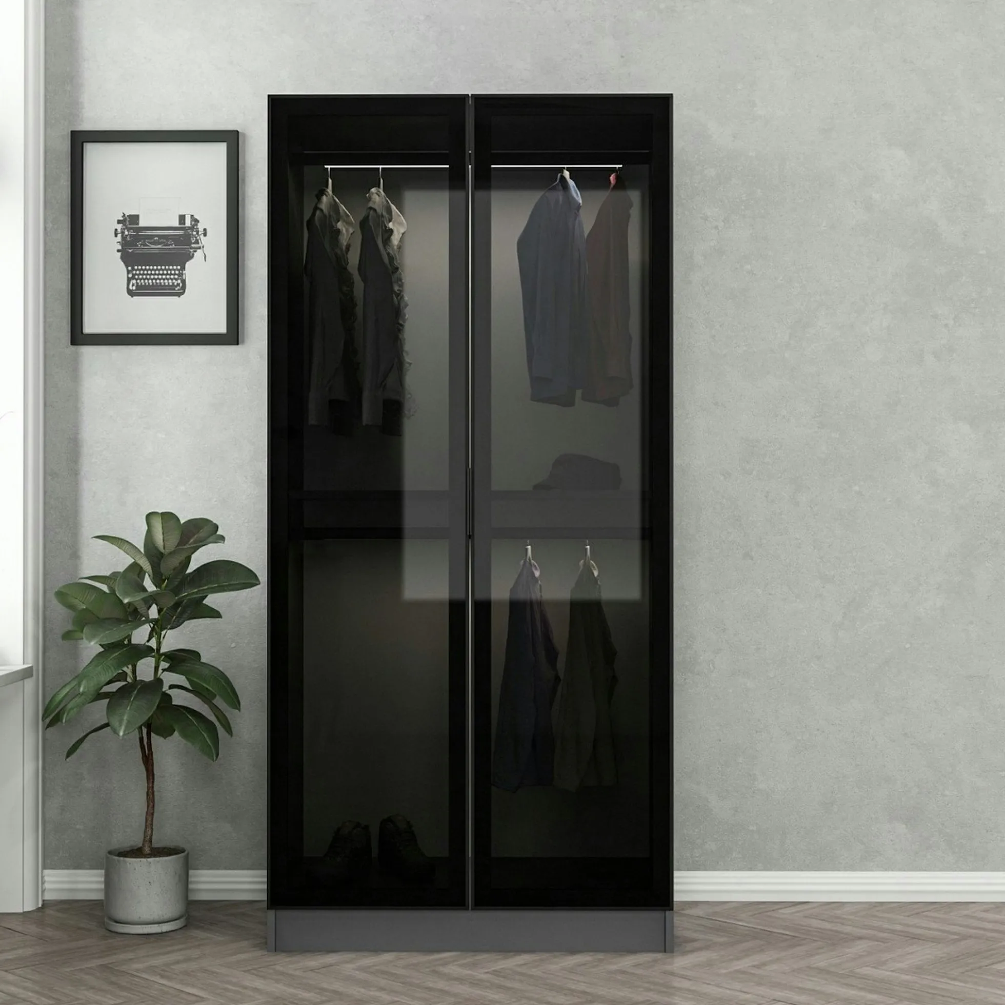 Armoire penderie design grise - 2 portes vitrées BYRON