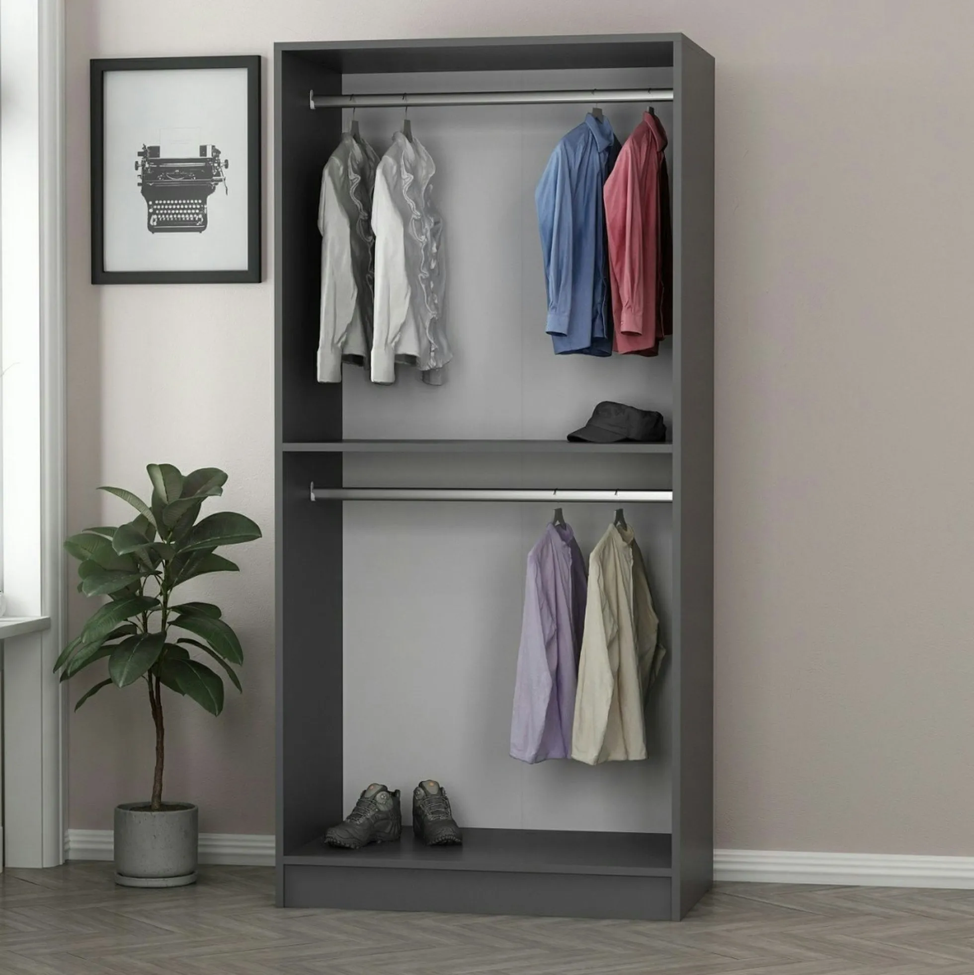 Armoire penderie design grise - 2 portes vitrées BYRON