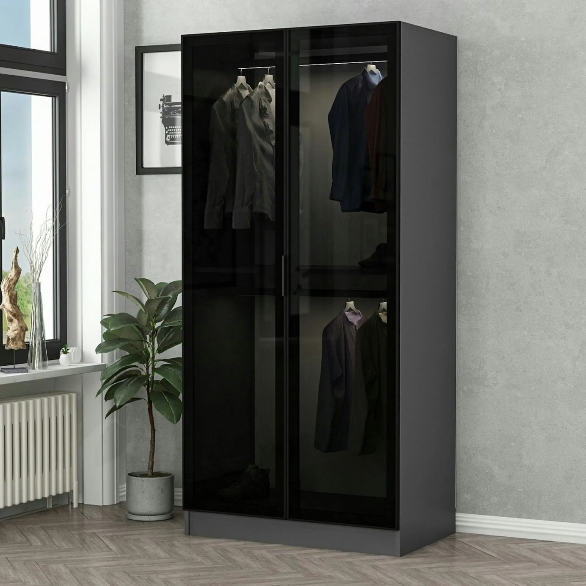Armoire penderie design grise - 2 portes vitrées BYRON