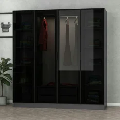 Armoire penderie design gris 4 portes vitrées H 190 cm BYRON