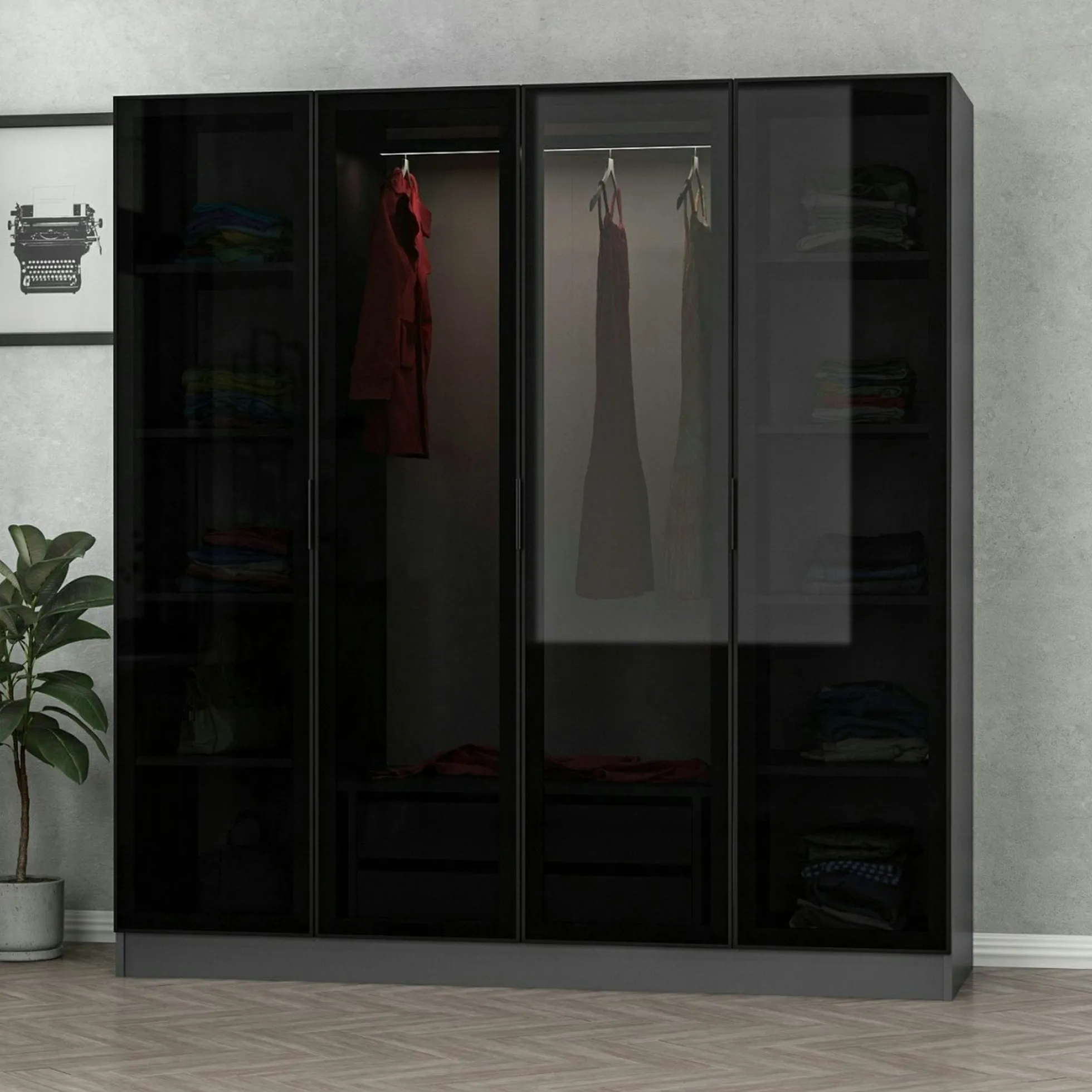 Armoire penderie design gris 4 portes vitrées H 190 cm BYRON