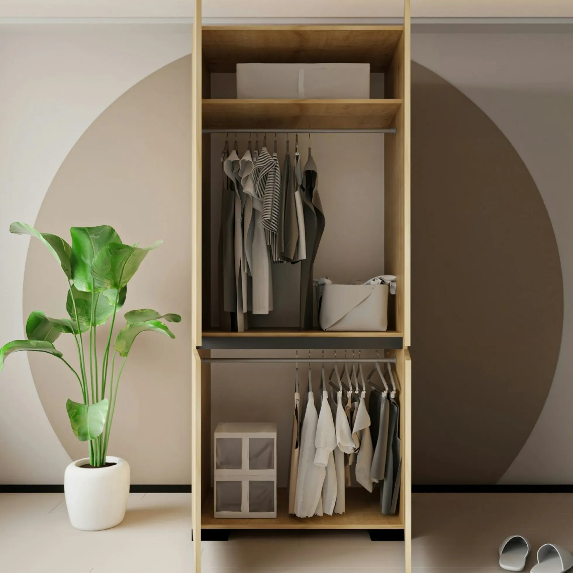 Armoire penderie effet bois détail gris, 1 étagère BYRON