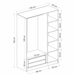 Armoire penderie grise design, 3 portes vitrées BYRON