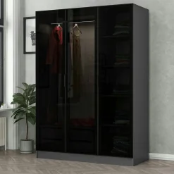 Armoire penderie grise design, 3 portes vitrées BYRON