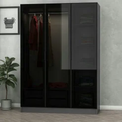 Armoire penderie grise design, 3 portes vitrées BYRON