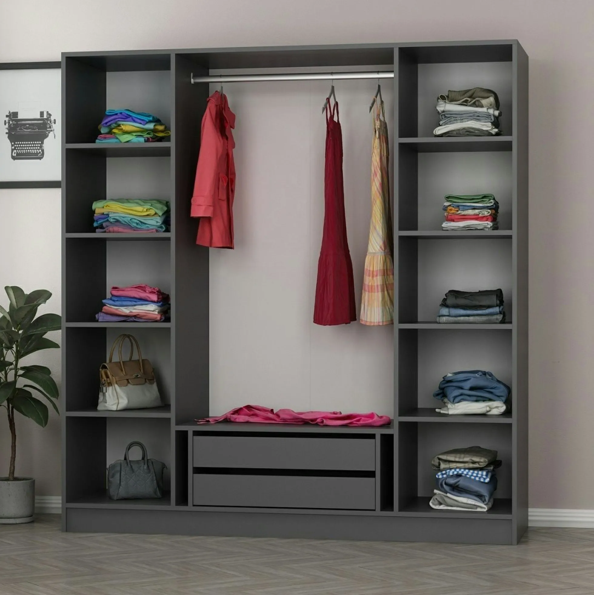 Armoire penderie grise 4 portes verre H 210 cm BYRON