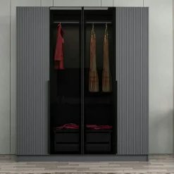 Armoire penderie grise 2 portes rainurées 2 vitrées BYRON
